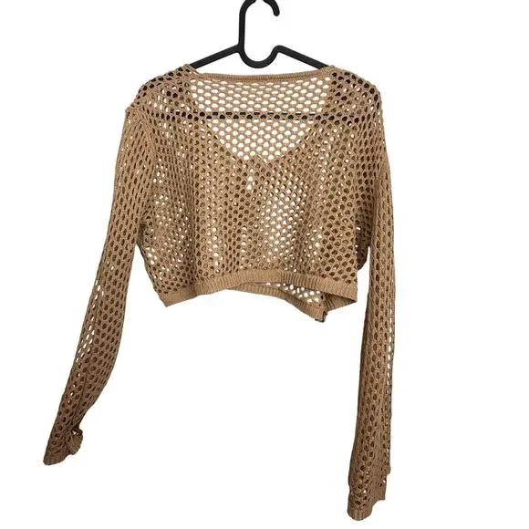 Crochet Mesh Cropped Sweater L Open Weave Festival Boho Beach Cover Up Top Y2K - Picture 2 of 8